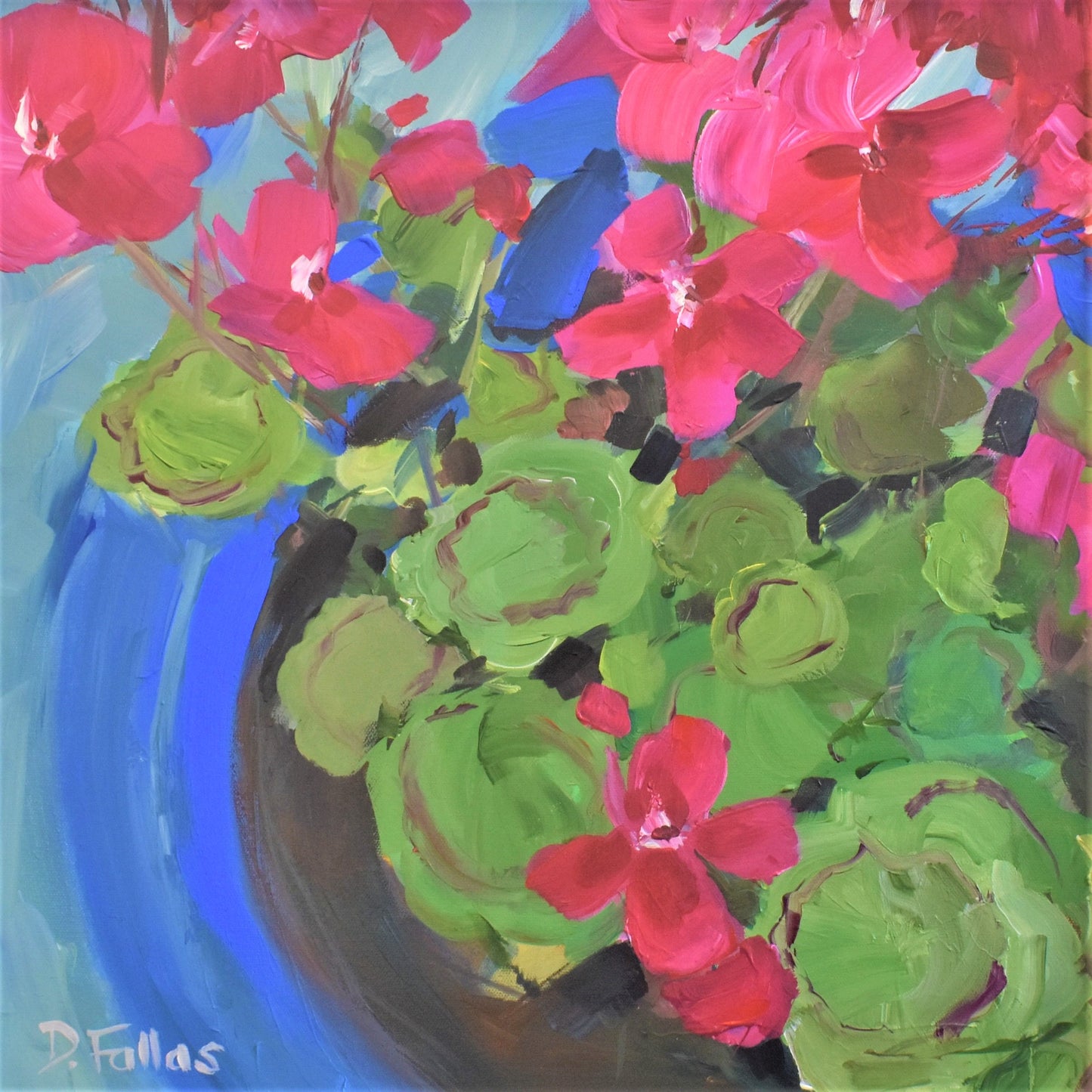 Colorful painting of flowers and a vase with a blue background