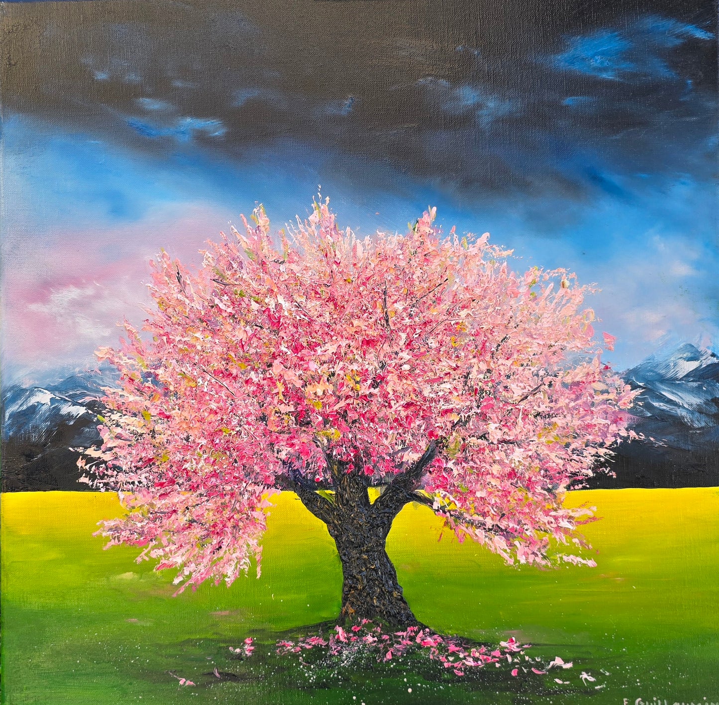 Painting of a cherry blossom tree in full bloom with a mountainous background.