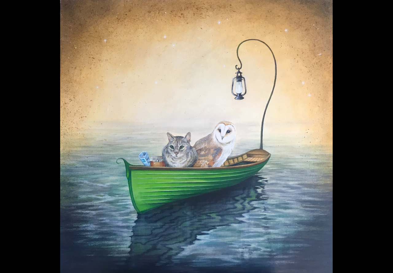 A cat and an owl in a pea green boat on water with a fishing line and lantern in the background
