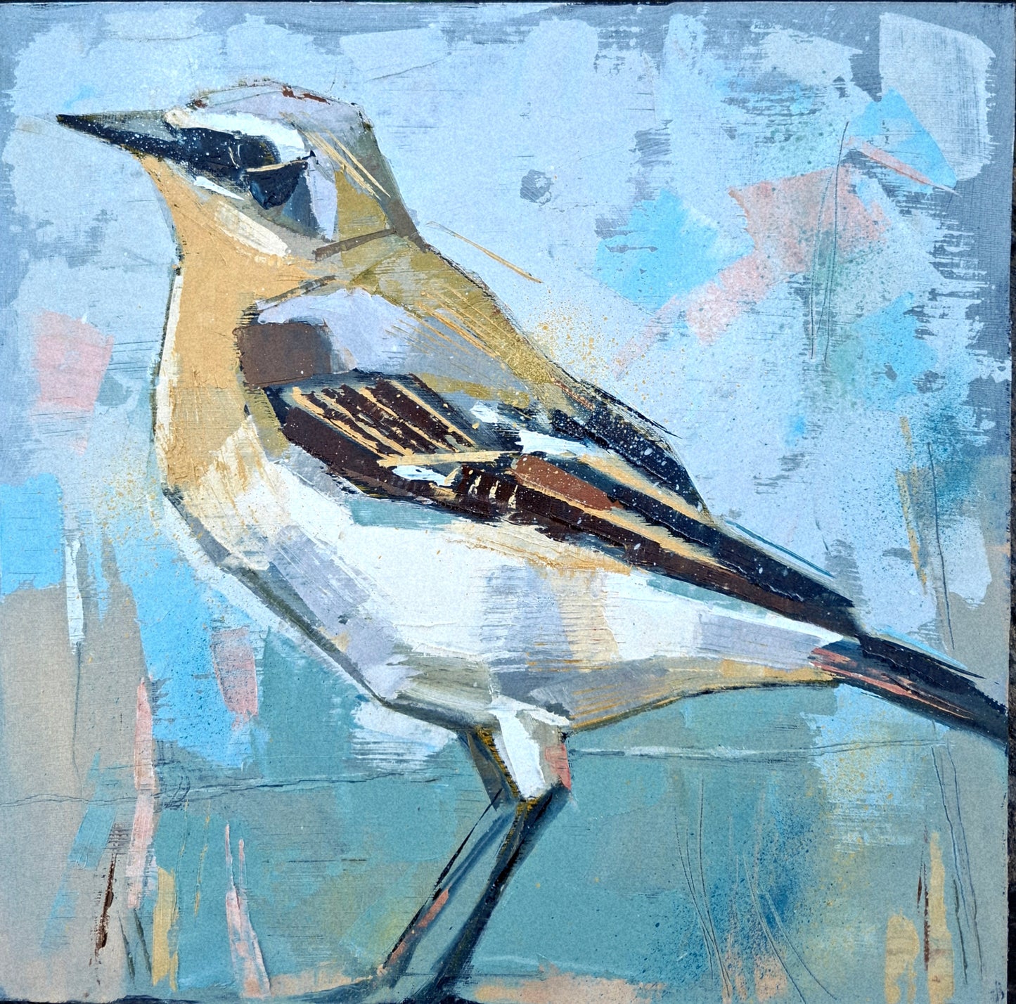an abstract painting of a wheatear bird