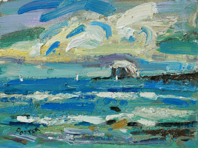 Painting of a coastal scene with waves and sky.