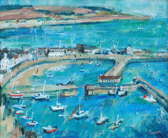 Harbor scene with boats and buildings, painted in a stylized manner.