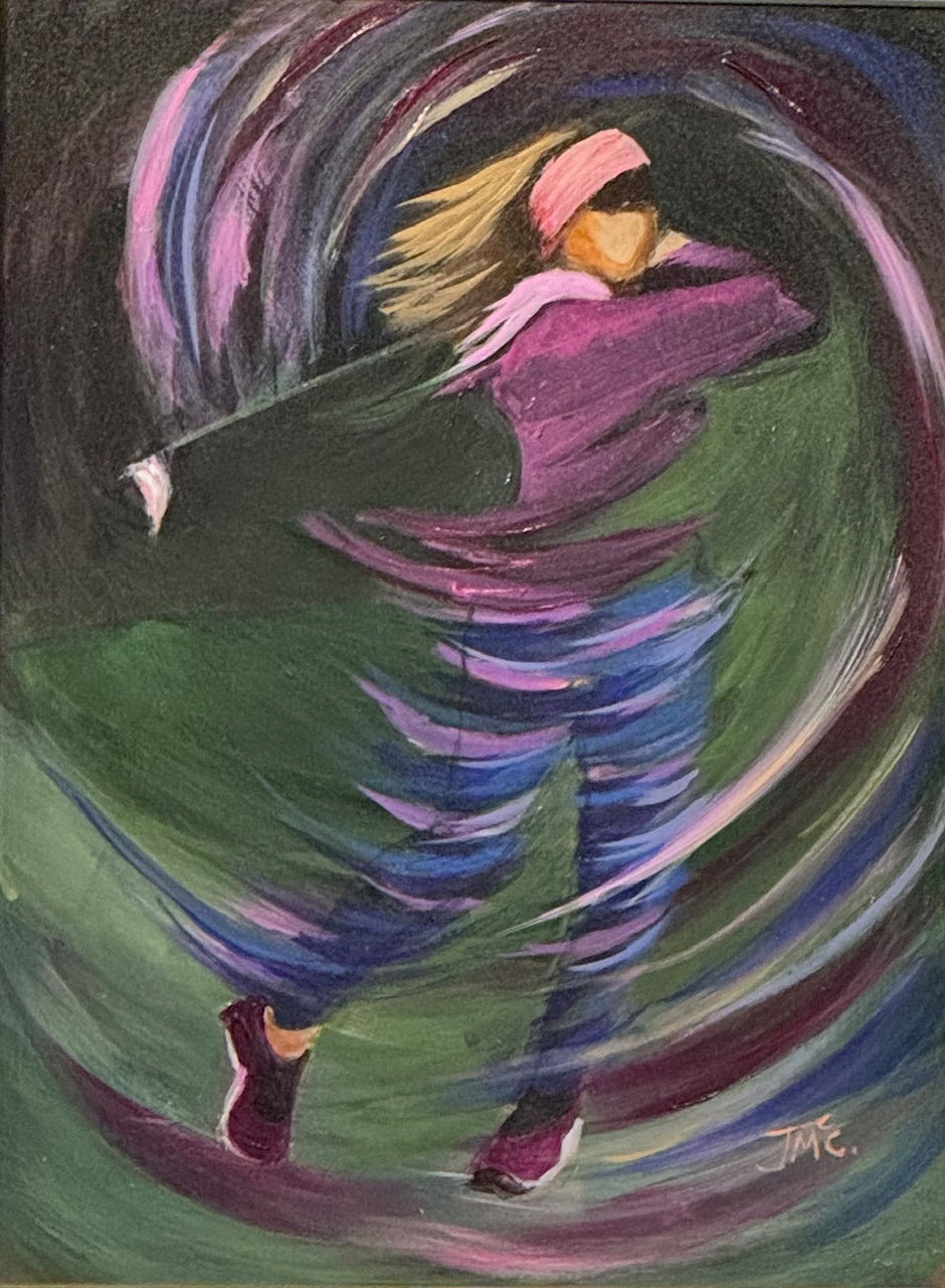 an energetic painting of a woman in a pink top and headband, swinging a golf club.