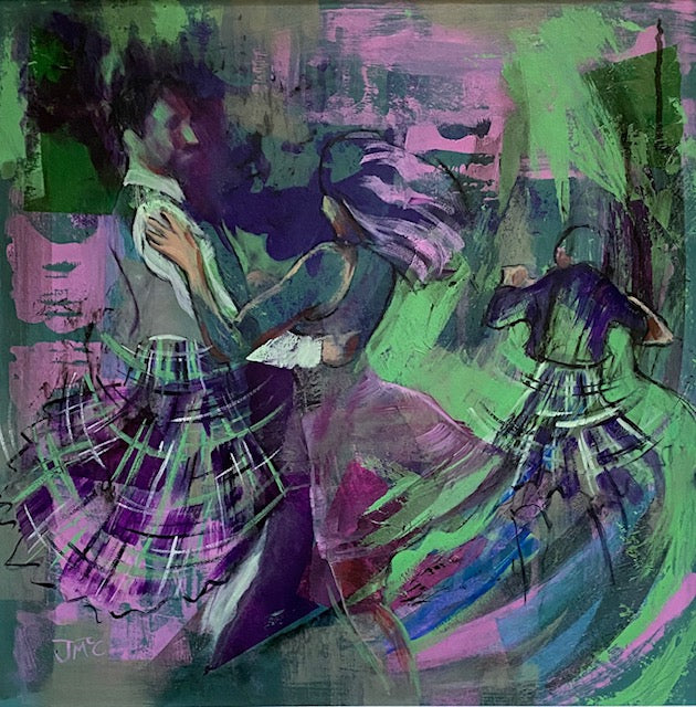 two people dancing, wearing tartan.