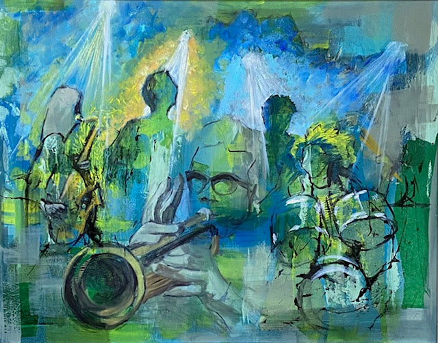 a figurative painting of a jazz club and people playing instruments.