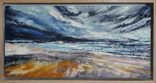 Painting of a coastal scene with a stormy sky and rugged landscape.