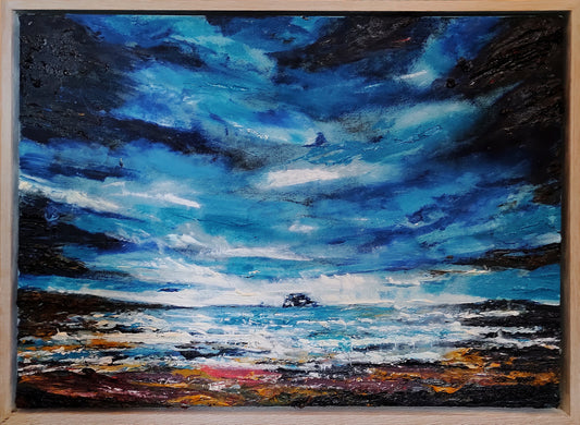 Painting of a coastal scene with a blue sky and ocean.