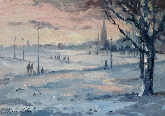 Winter scene with people skating on a frozen lake, trees, and a city skyline in the background.