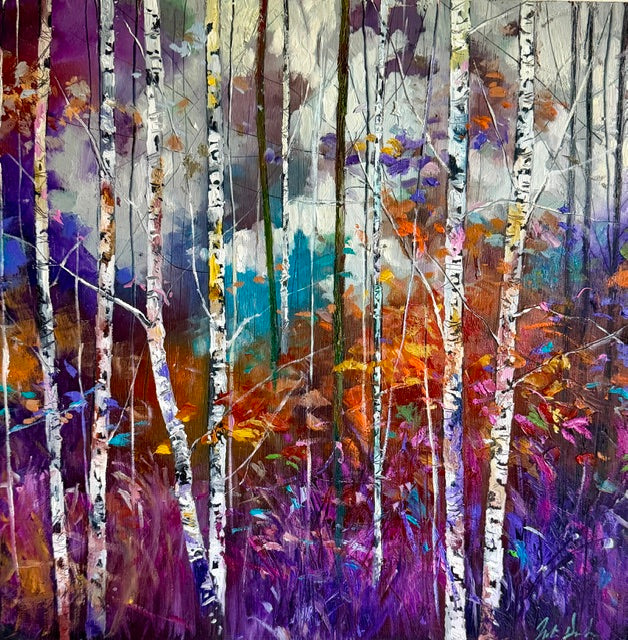 Colorful abstract painting of birch trees and foliage