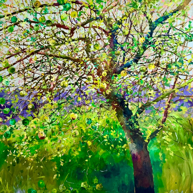 Colorful abstract painting of a tree with green and brown tones