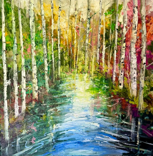 Painting of a forest with birch trees and a stream