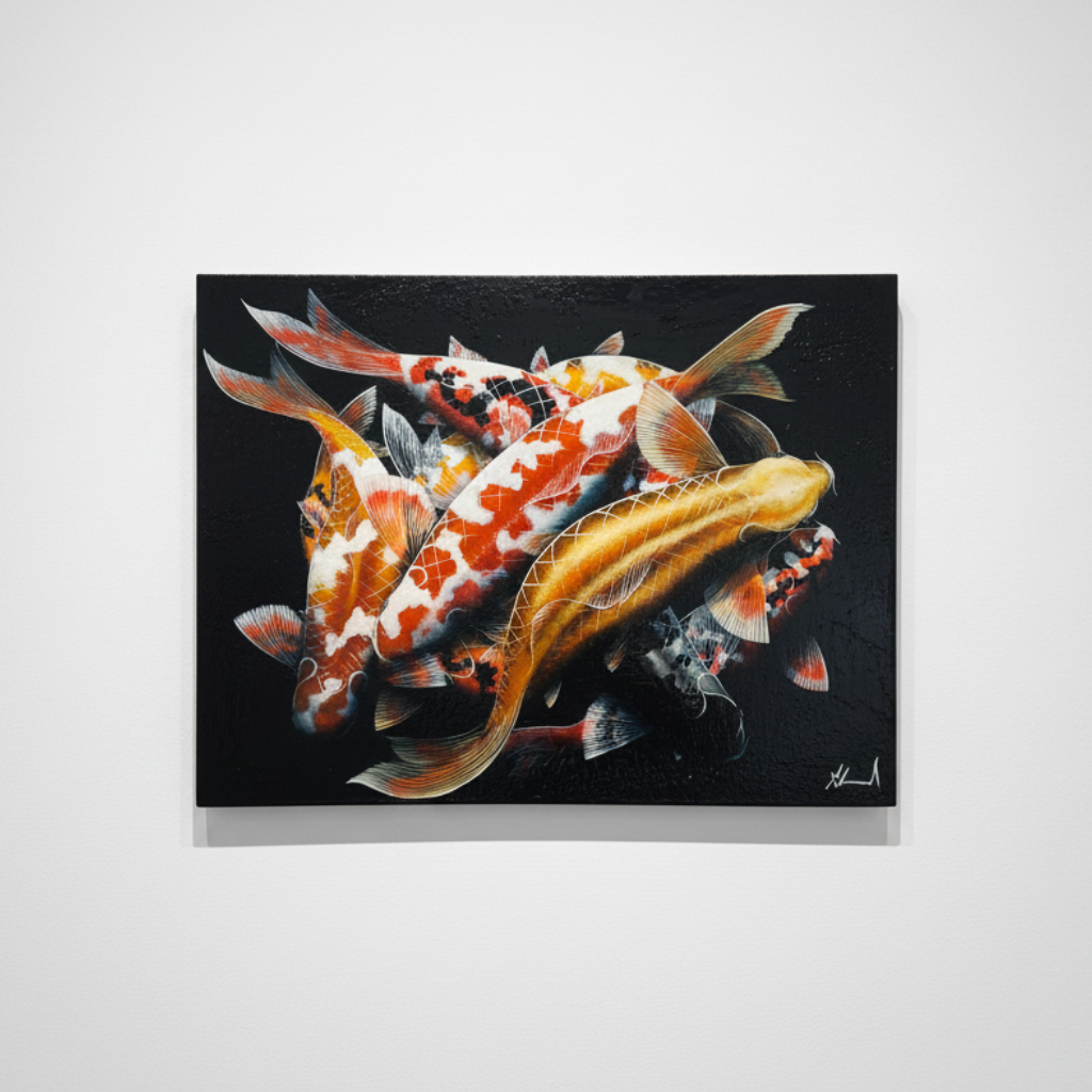 Canvas print of Koi fish on a black background