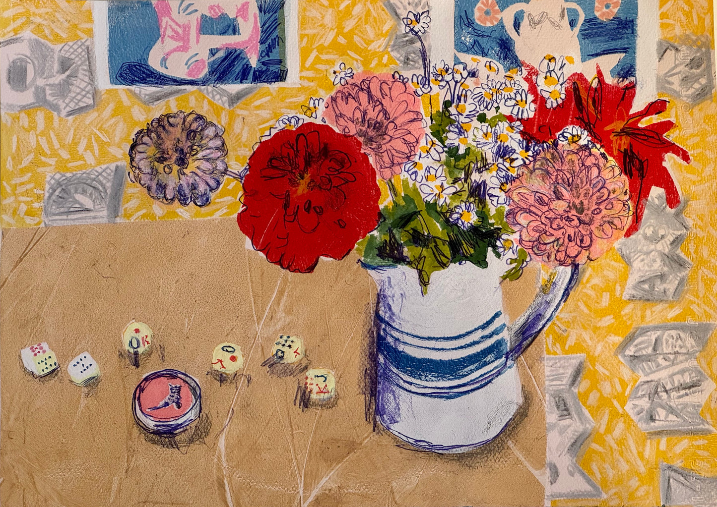 Still life with flowers in a pitcher on a textured surface with abstract patterns