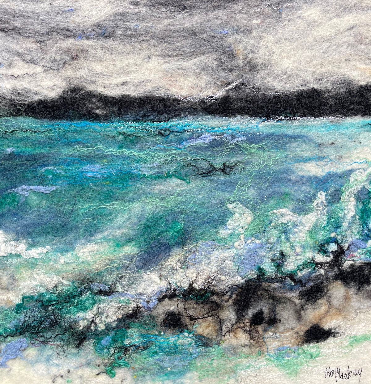 An abstract coastal landscape artwork showing textured turquoise, teal, white, gray, and black brush-like forms, with a dark band across the upper middle and a signature in the lower right corner.