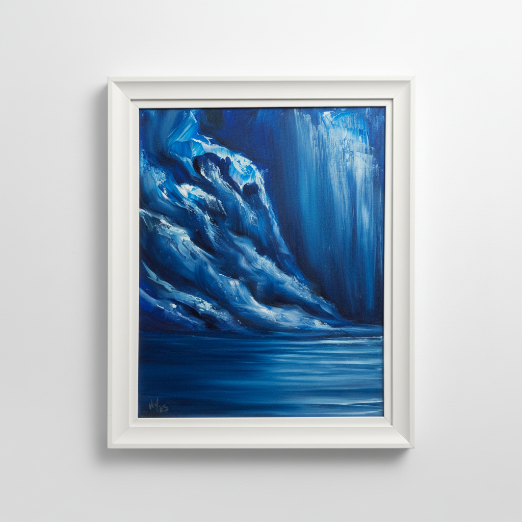 Framed abstract painting with blue and white brushstrokes on a white wall.