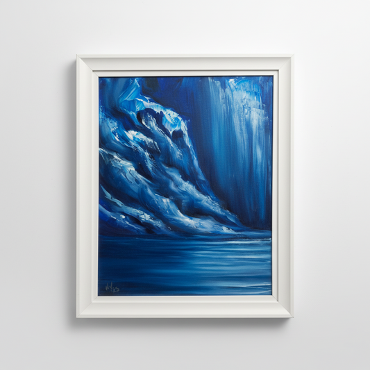 Framed abstract painting with blue and white brushstrokes on a white wall.