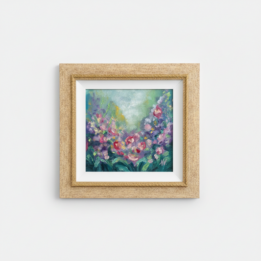 Framed abstract painting with floral elements on a white surface