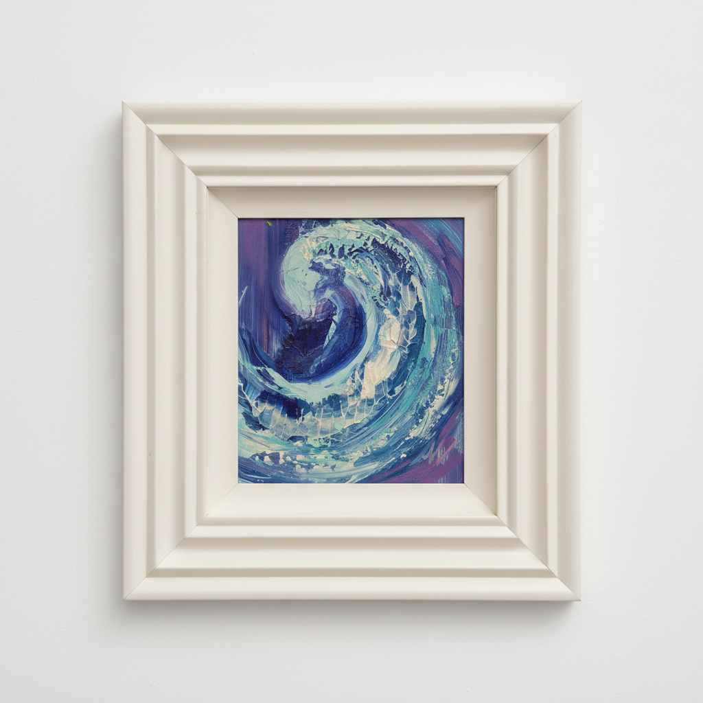 framed abstract painting of a wave
