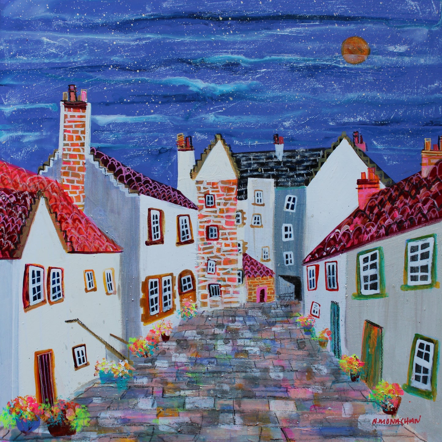 Colorful painting of a quaint village street at night with houses and steps.