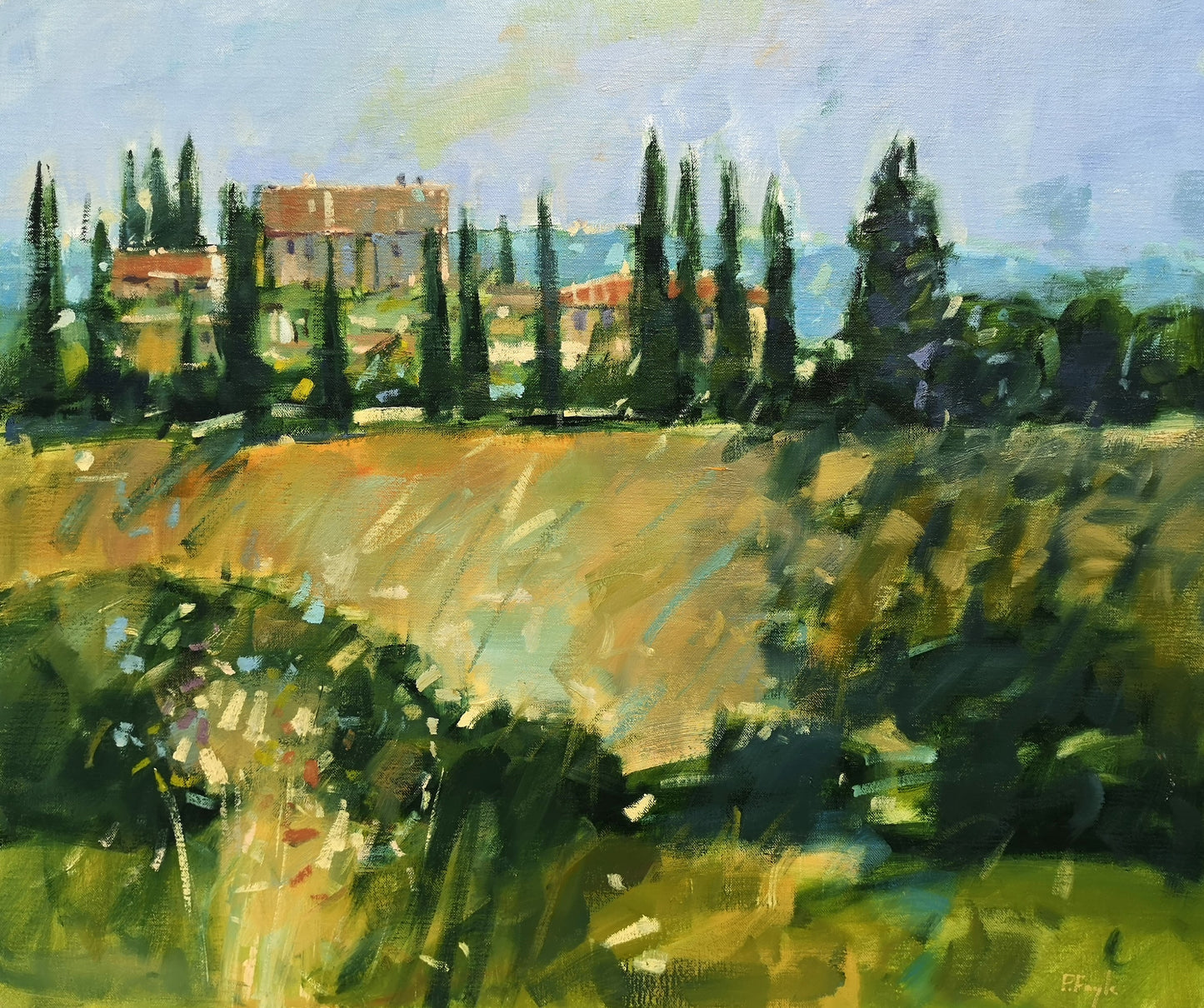 Painting of a landscape with trees, buildings, and fields.