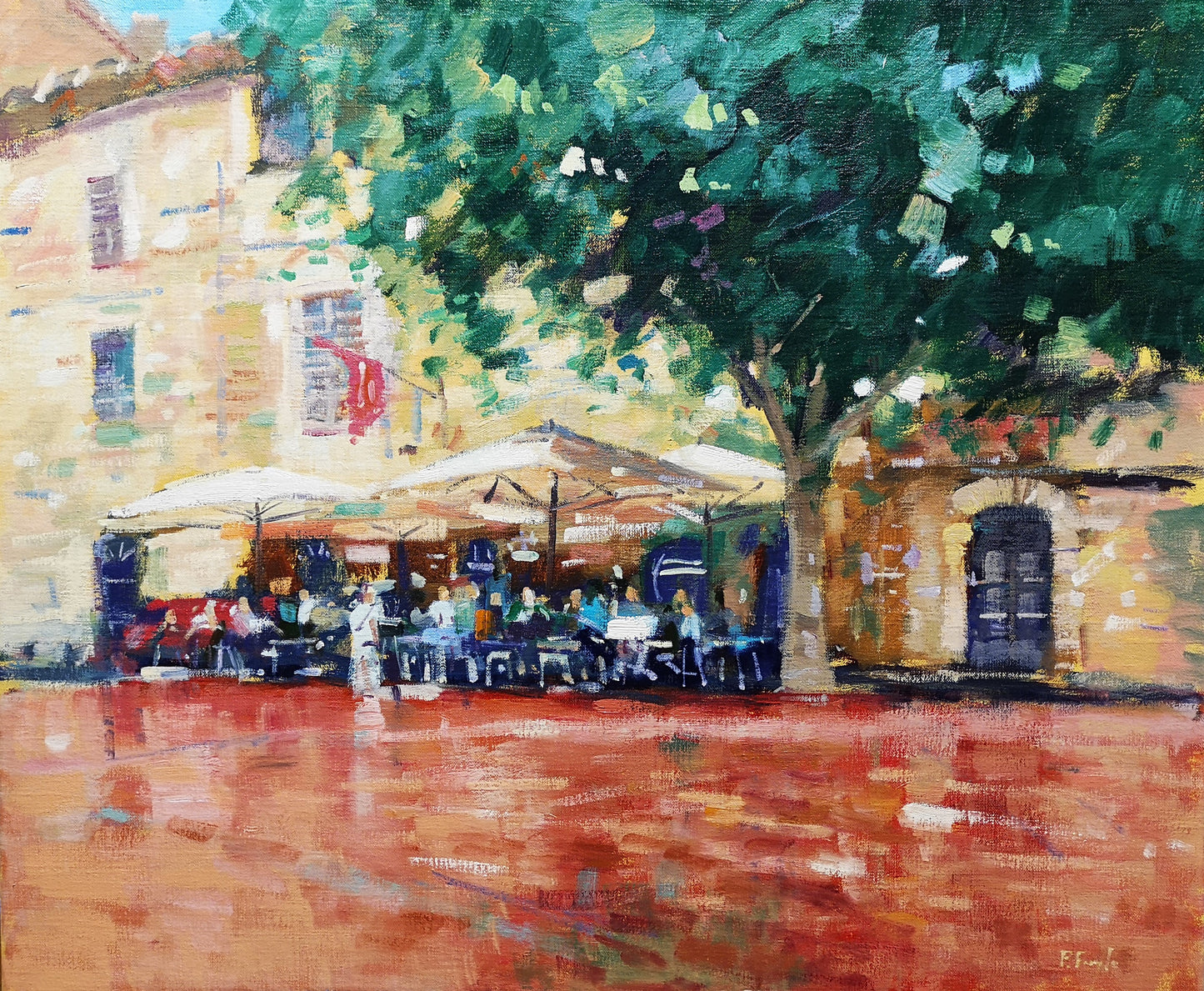 Painting of a lively outdoor café scene with people sitting under umbrellas, surrounded by trees and buildings.