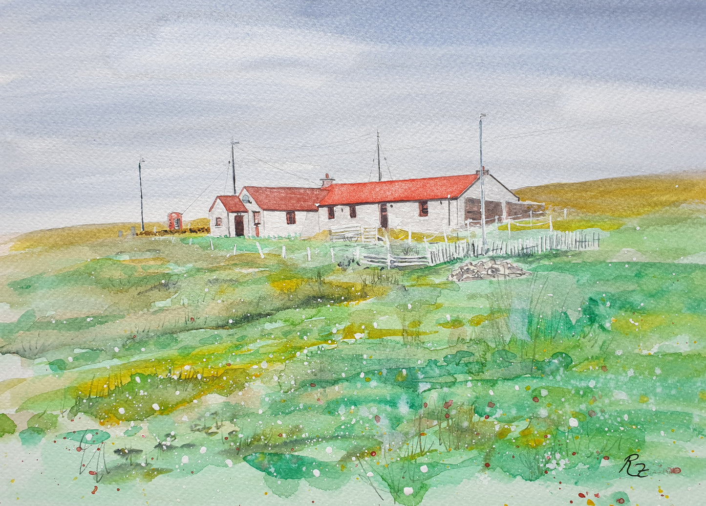Watercolor painting of a rural landscape with a white post office building and red roof.