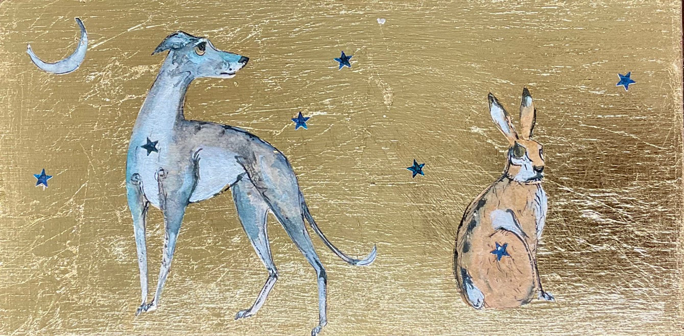 Two animals, possibly a dog and a hare, on a textured gold background with star-like shapes.
