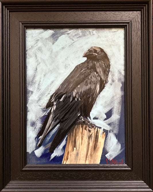 Painting of a bird perched on a branch with a textured background in a dark wooden frame.
