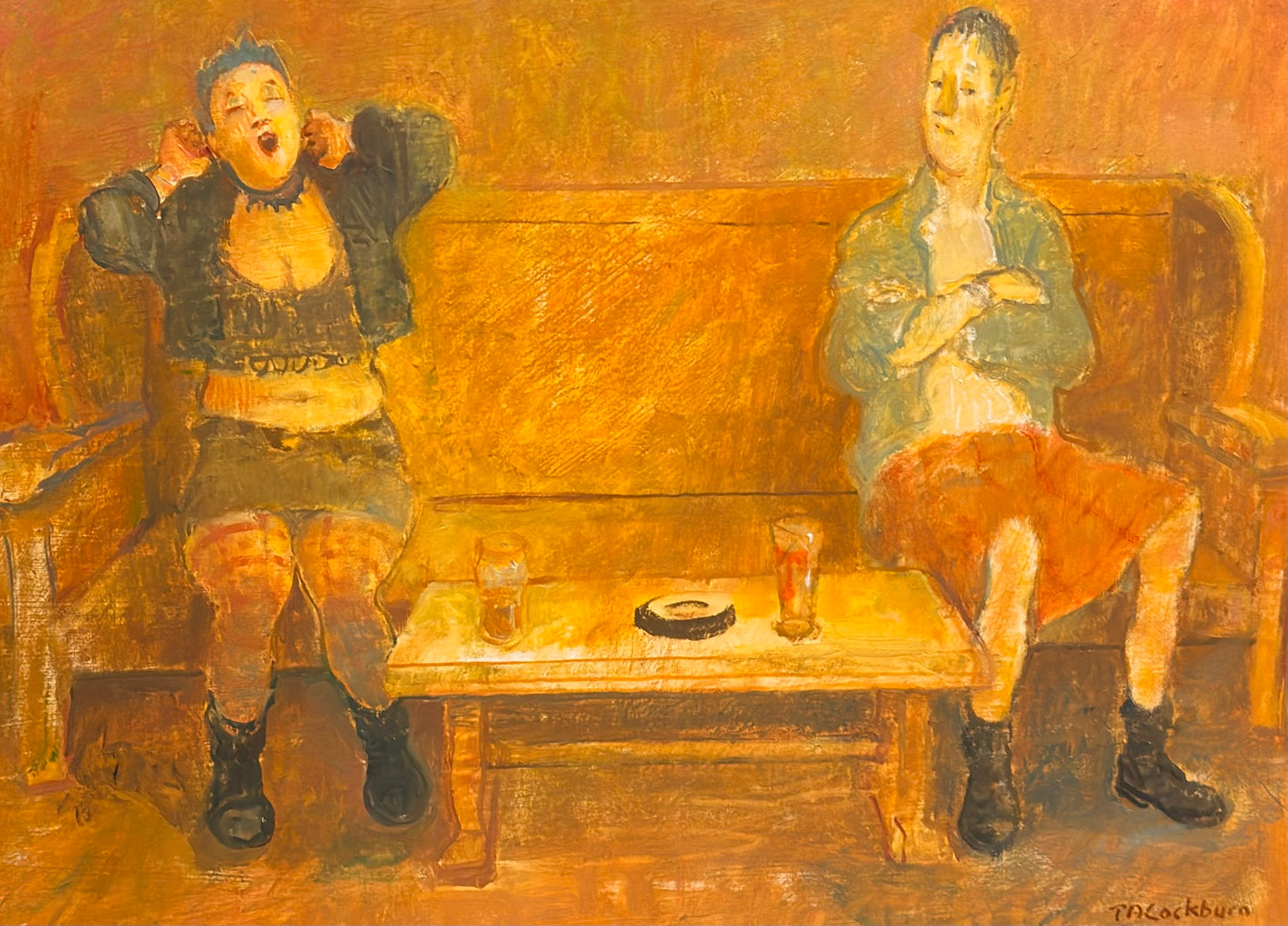 Two people sitting on a couch with drinks and a cigarette, painted in a warm, earthy color palette.