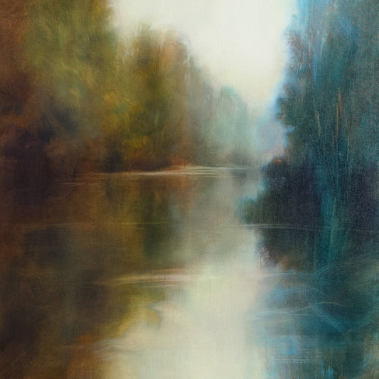 A semi abstract landscape painting of a river with trees on each side
