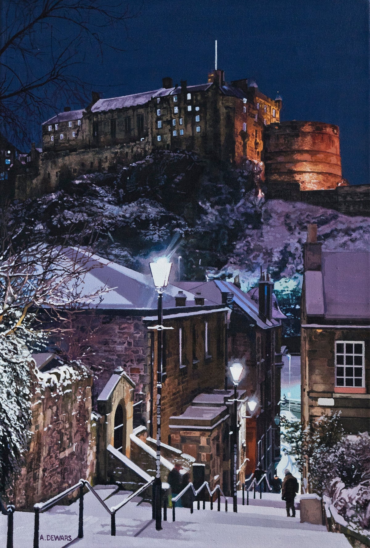A snowy night scene of Edinburgh Castle from The Vennel with illuminated windows above snow-covered buildings and a staircase, lit by glowing street lamps under a dark blue sky.