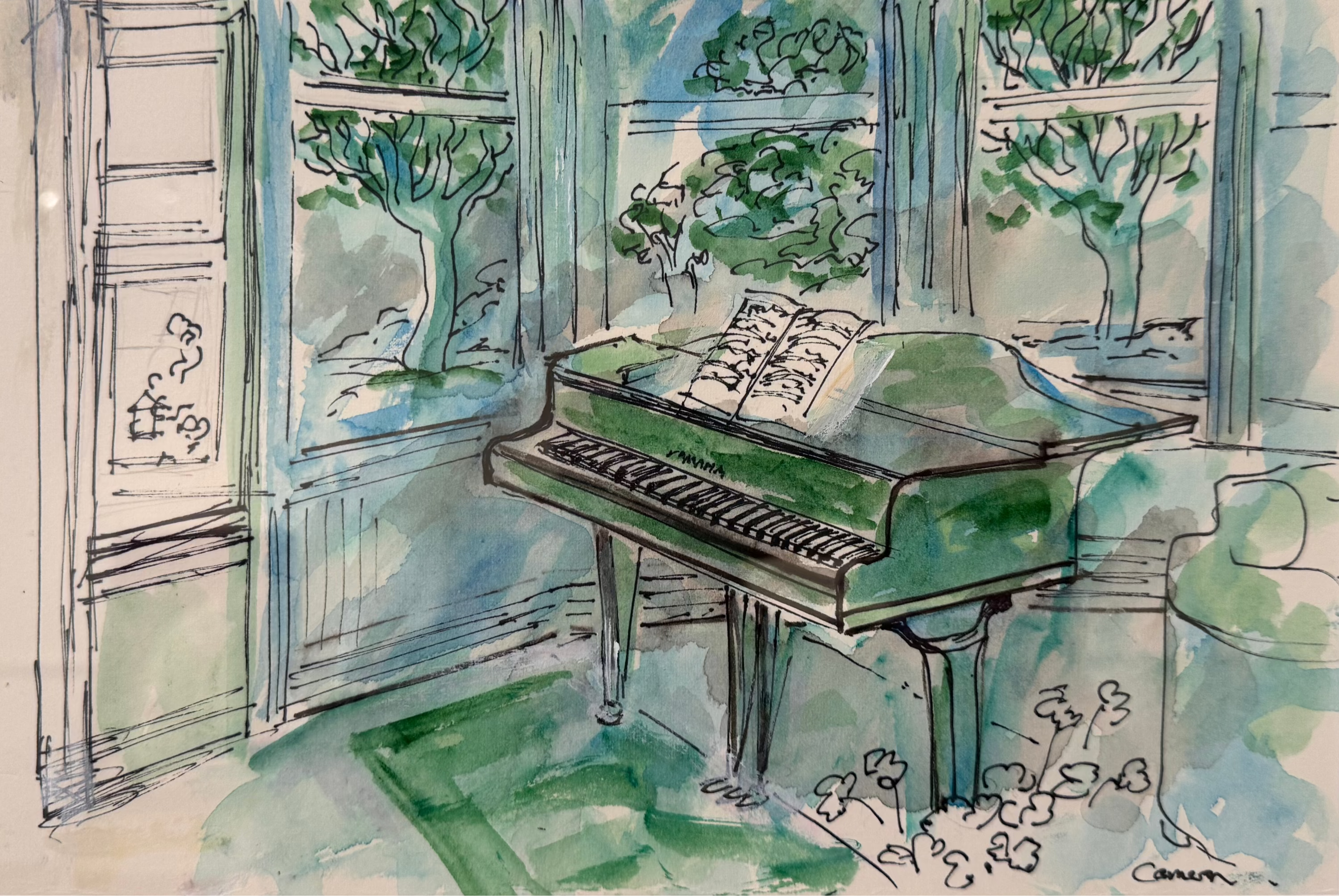 A framed watercolor painting of a grand piano in a room with large windows overlooking trees, rendered in soft green, blue, and beige tones.