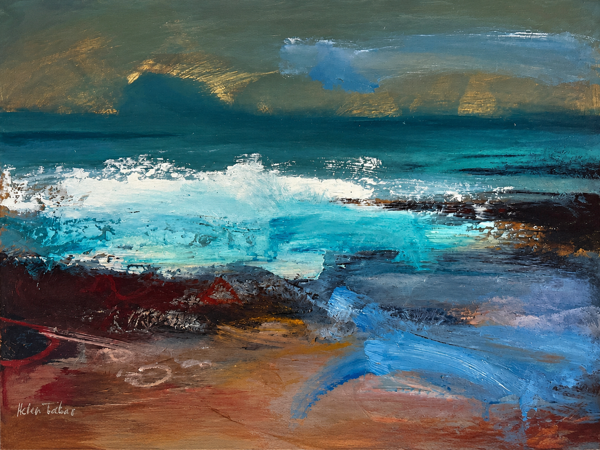 An abstract expressionist painting of an ocean scene depicting Bass Rock off North Berwick with turquoise and blue waves crashing onto a brown and reddish shore under a dark, moody sky.