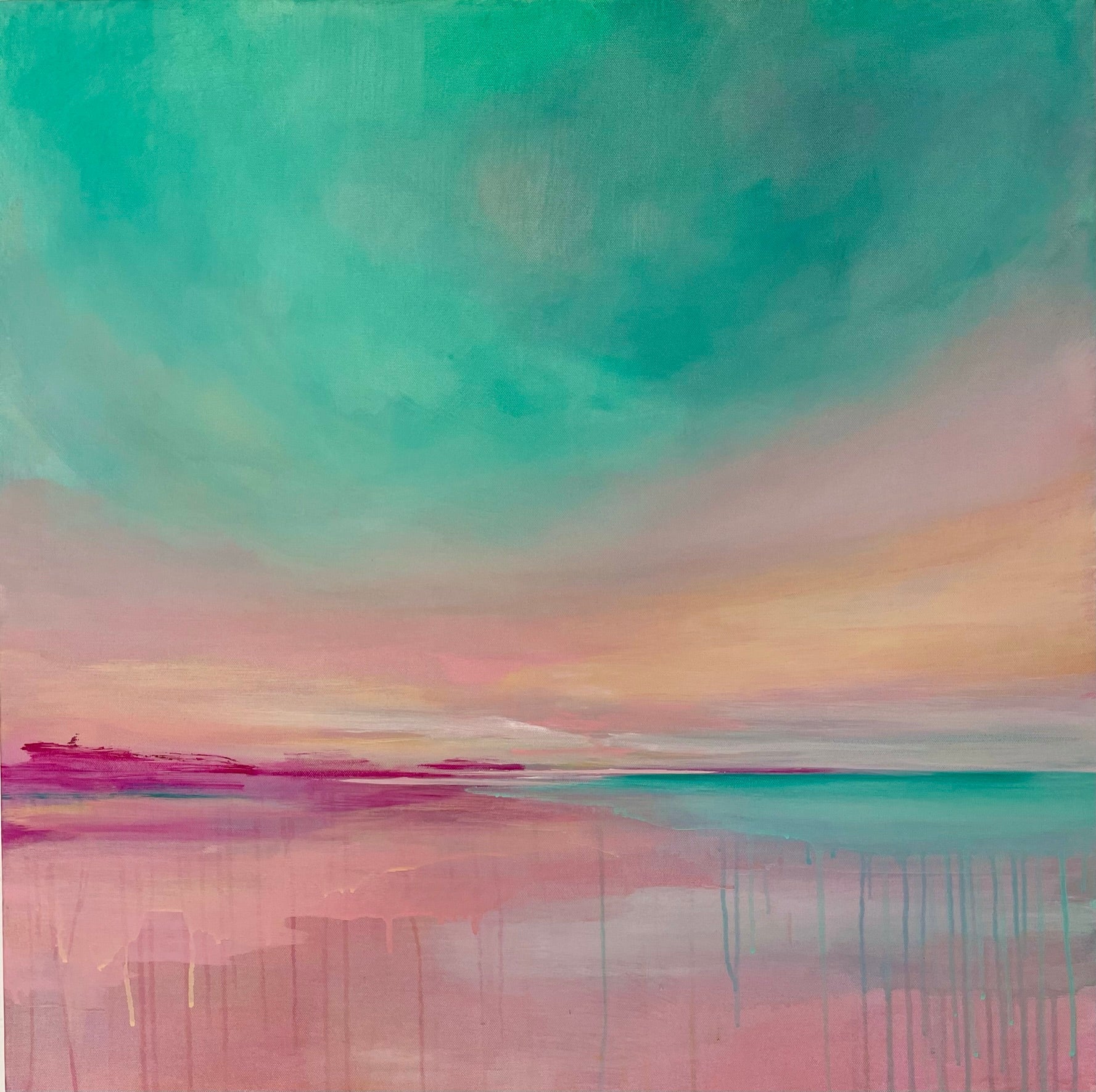 an abstract painting with swirls of turquoise, orange and red. An abstract view of a seascape with colourful clouds. 