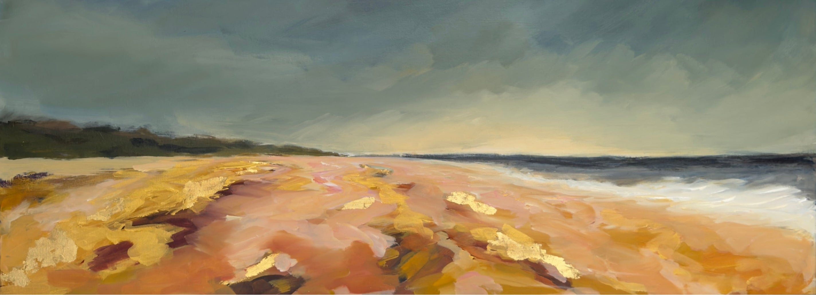 An impressionistic landscape painting of a beach under a dramatic stormy sky, with warm sandy tones in the foreground and dark blue-gray clouds dominating the upper half.
