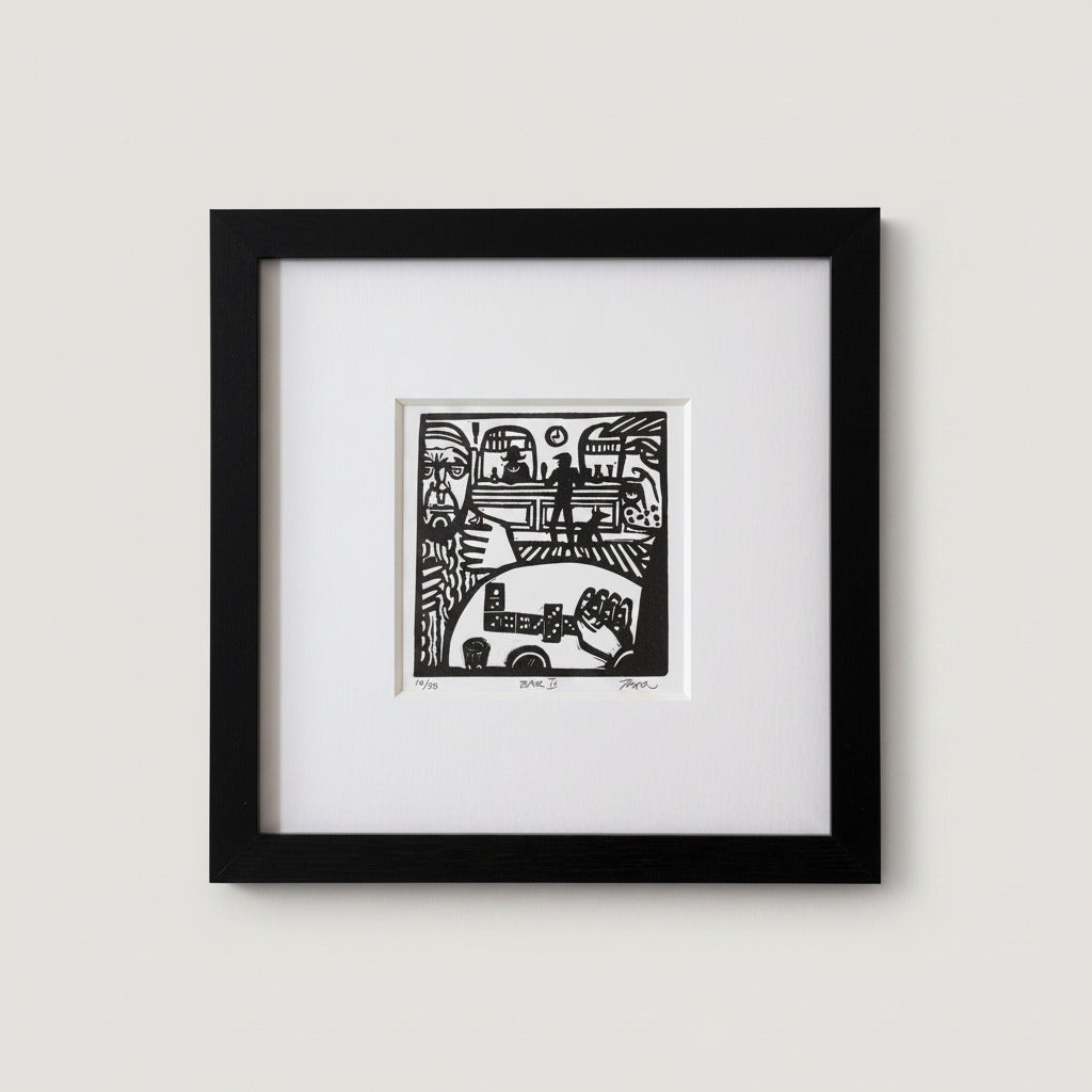 A framed black and white art print featuring an abstract cubist-style illustration, presented in a black square frame with a wide white mat against a light gray background.