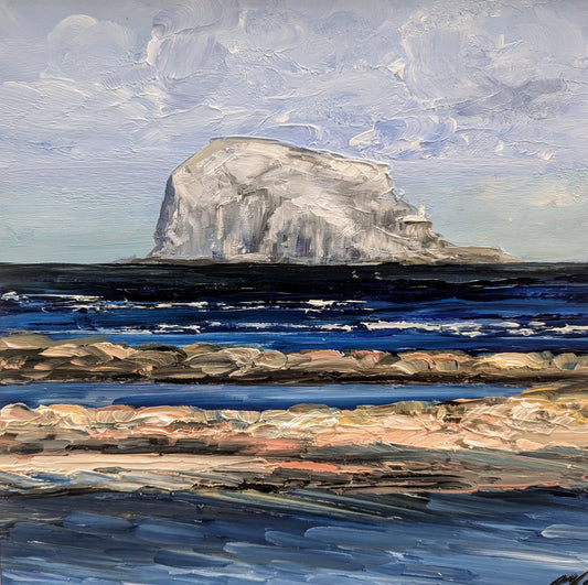 Painting of a coastal landscape with a large rock formation called Bass Rock and ocean waves.