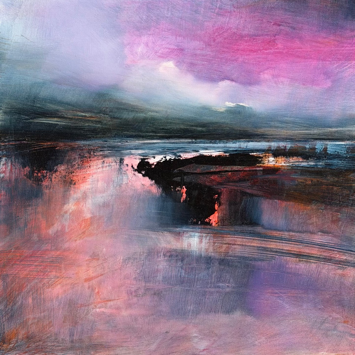 Abstract painting with pink, purple, and black colors
