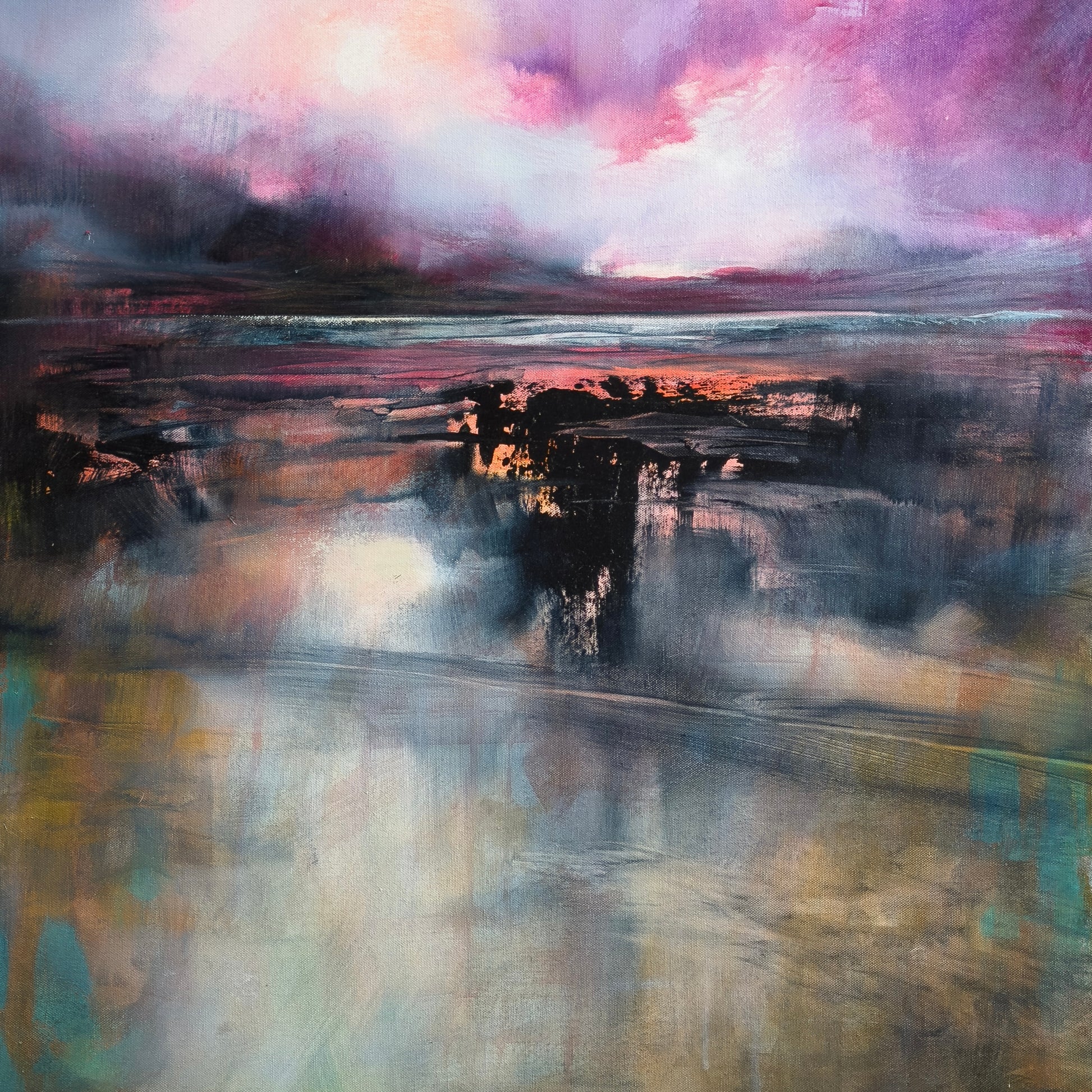 Abstract painting of a landscape with a pink sky and reflective water.