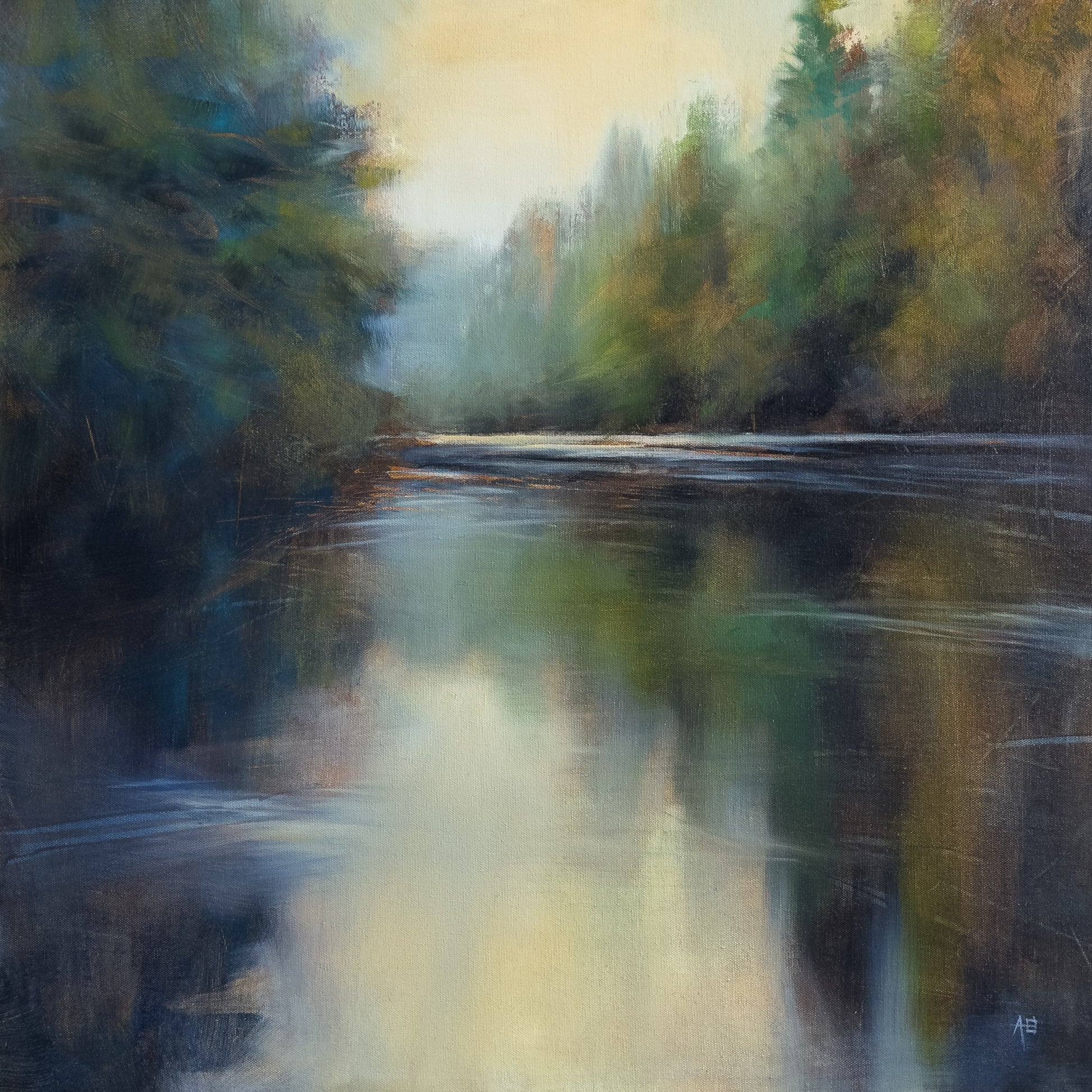 Painting of a serene forest scene with a river