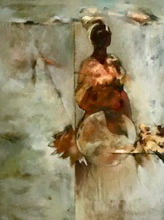 Abstract artwork with a central figure and textured background