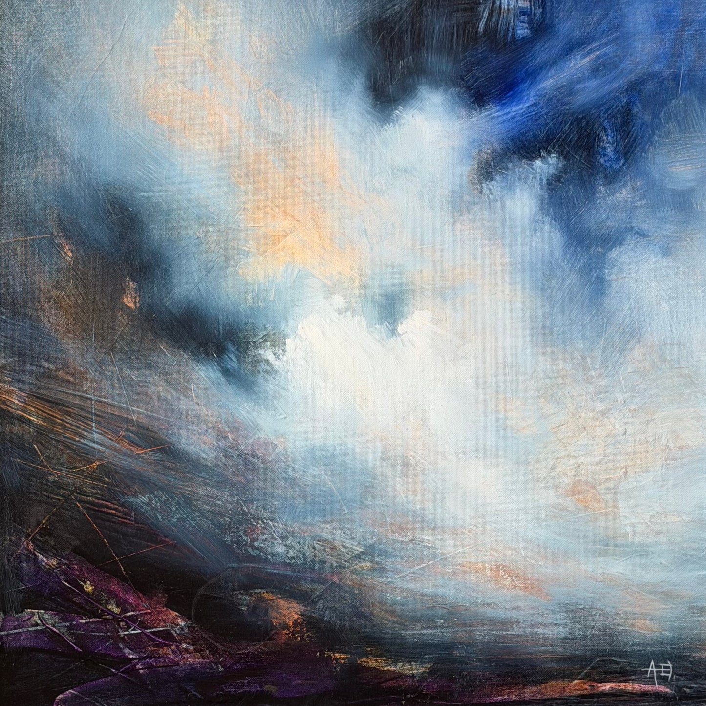 An abstract landscape painting featuring dramatic swirling clouds in shades of white, blue, gray, and black, with a dark rocky foreground and subtle warm gold and purple undertones.