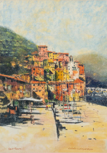 Painting of a coastal town with colorful buildings and a clear sky.