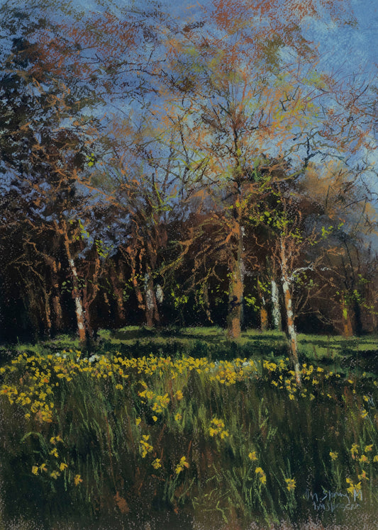 Painting of a forest with trees and yellow flowers
