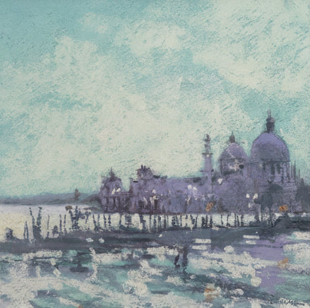 Framed artwork of a cityscape with a river and buildings.