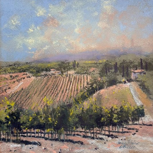 Painting of a landscape with trees and a blue sky