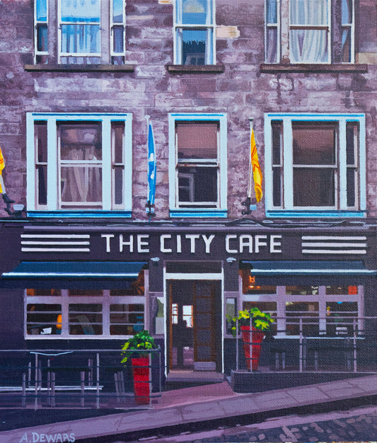 Painting of 'The City Cafe' with a purple building facade and blue awning.