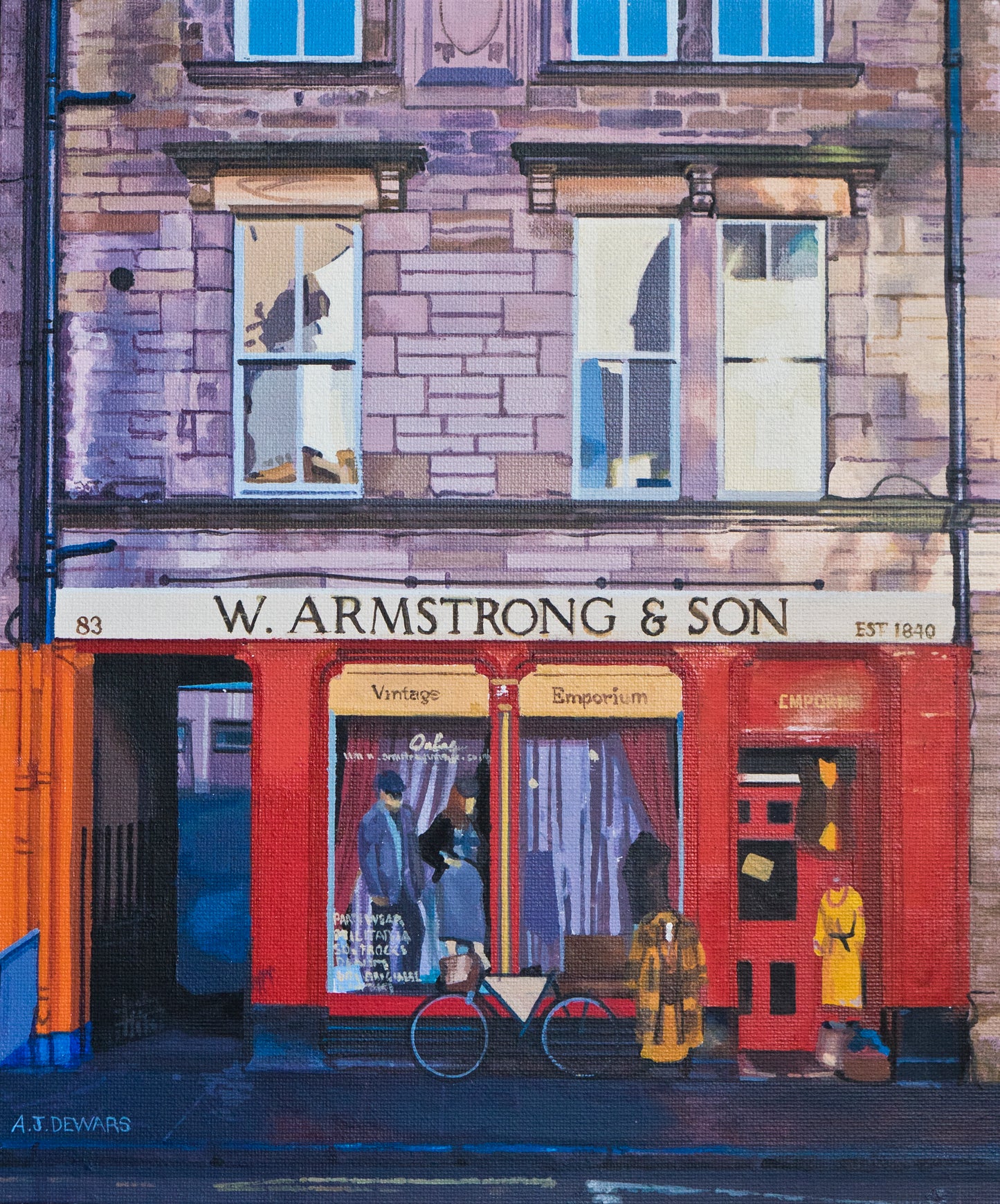 Painting of a shopfront with 'W. Armstrong & Son' sign and window display.
