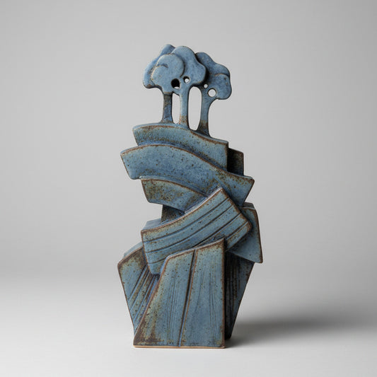 Decorative ceramic piece on a white surface with a blurred background
