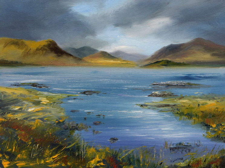 Painting of a landscape with a lake, mountains, and grassy areas.